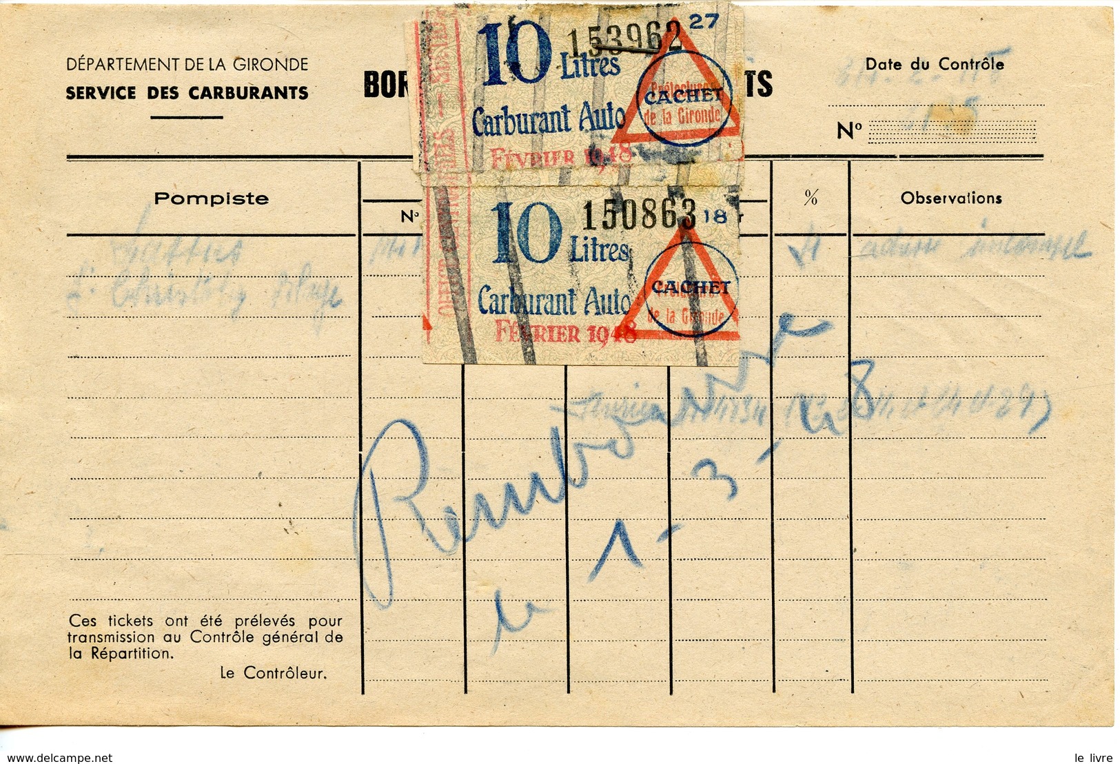 RATIONNEMENT BORDEREAU DE FAUX TICKETS DE CARBURANT AUTO GIRONDE ST CHRISTOLY DE BLAYE 1948