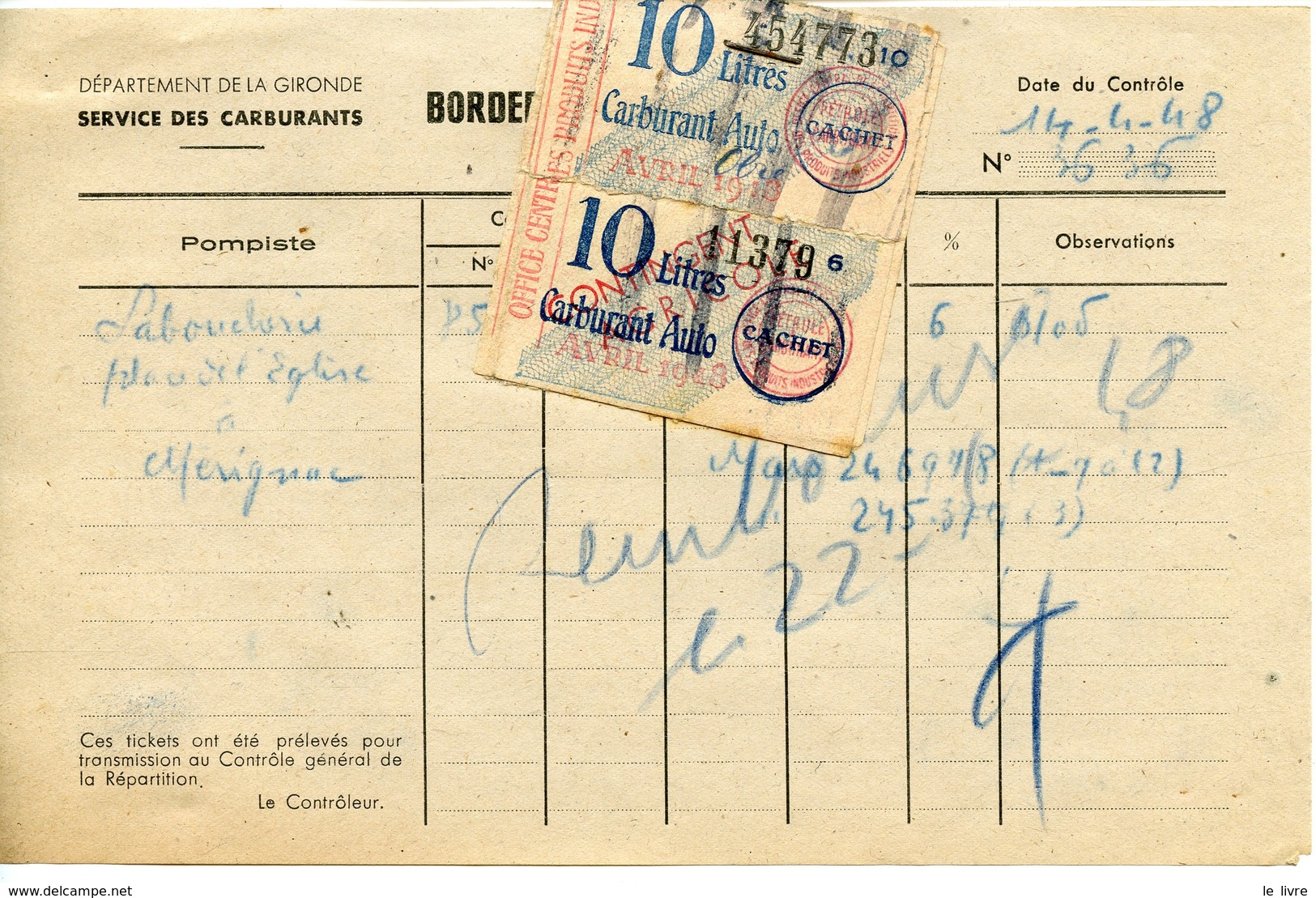 RATIONNEMENT BORDEREAU DE FAUX TICKETS DE CARBURANT AUTO GIRONDE MERIGNAC 1948