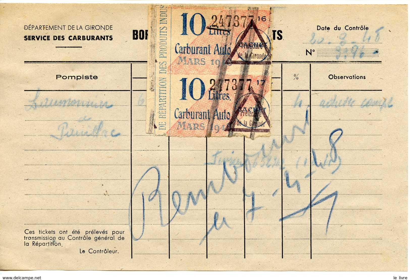 RATIONNEMENT BORDEREAU DE FAUX TICKETS DE CARBURANT AUTO GIRONDE PAUILLAC 1948