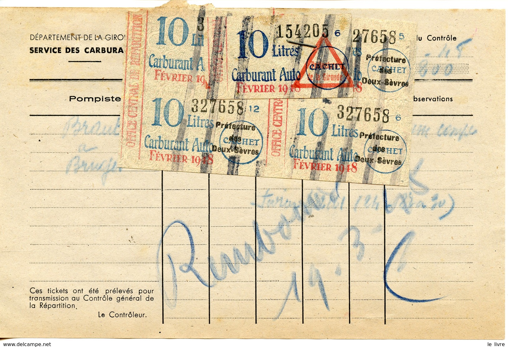 RATIONNEMENT BORDEREAU DE FAUX TICKETS DE CARBURANT AUTO GIRONDE BRUGES 1948