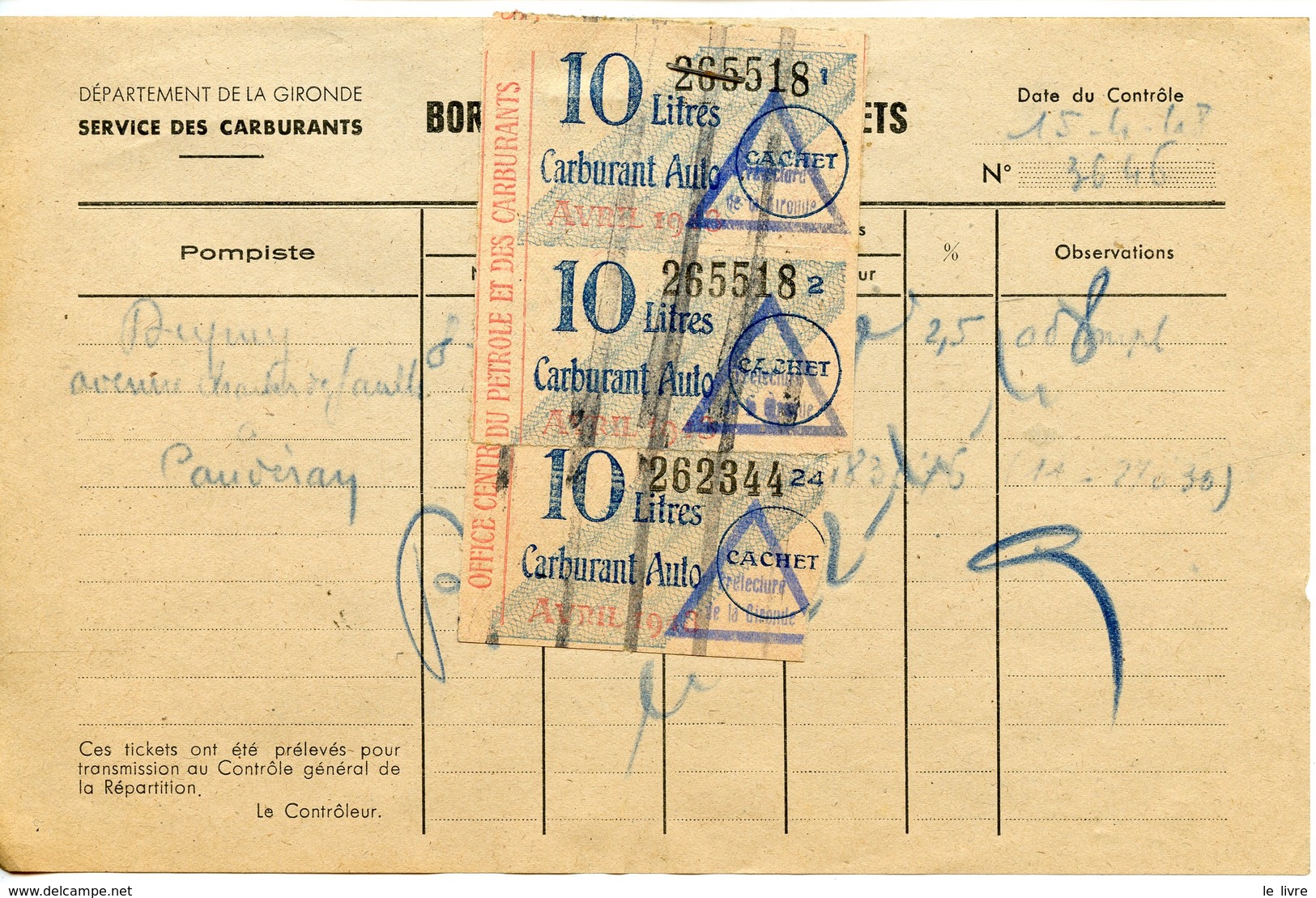 RATIONNEMENT BORDEREAU DE FAUX TICKETS DE CARBURANT AUTO GIRONDE CAUDRAN 1948