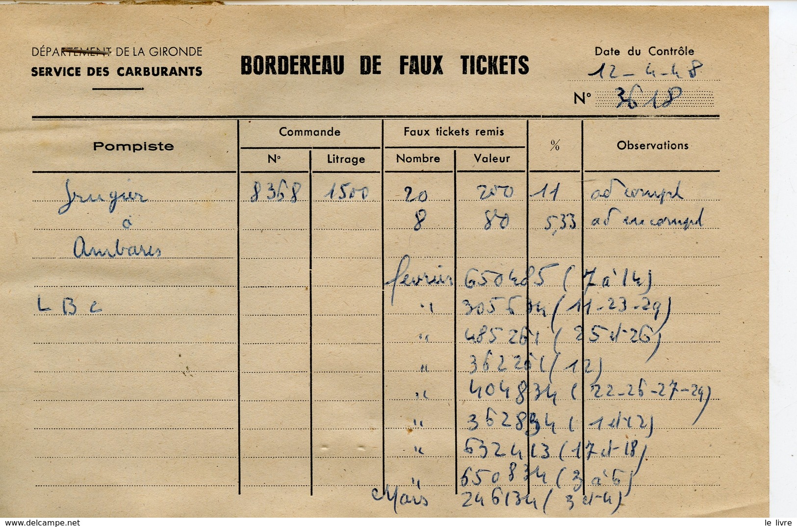 RATIONNEMENT BORDEREAU DE FAUX TICKETS DE CARBURANT AUTO GIRONDE AMBARS 1948