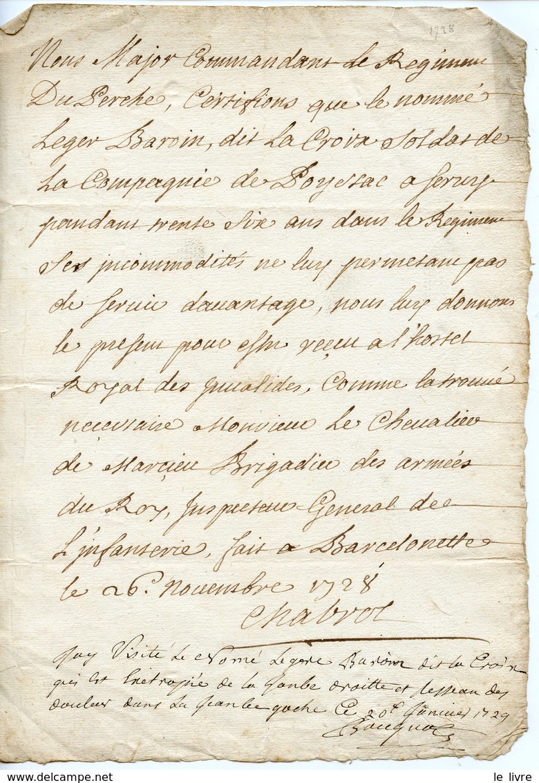 DOCUMENT 1728 LAS COMMANDANT REGIMENT DU PERCHE (CHABROL?) DEMANDANT L'ENTREE AUX INVALIDES D'UN ANCIEN COMBATTANT