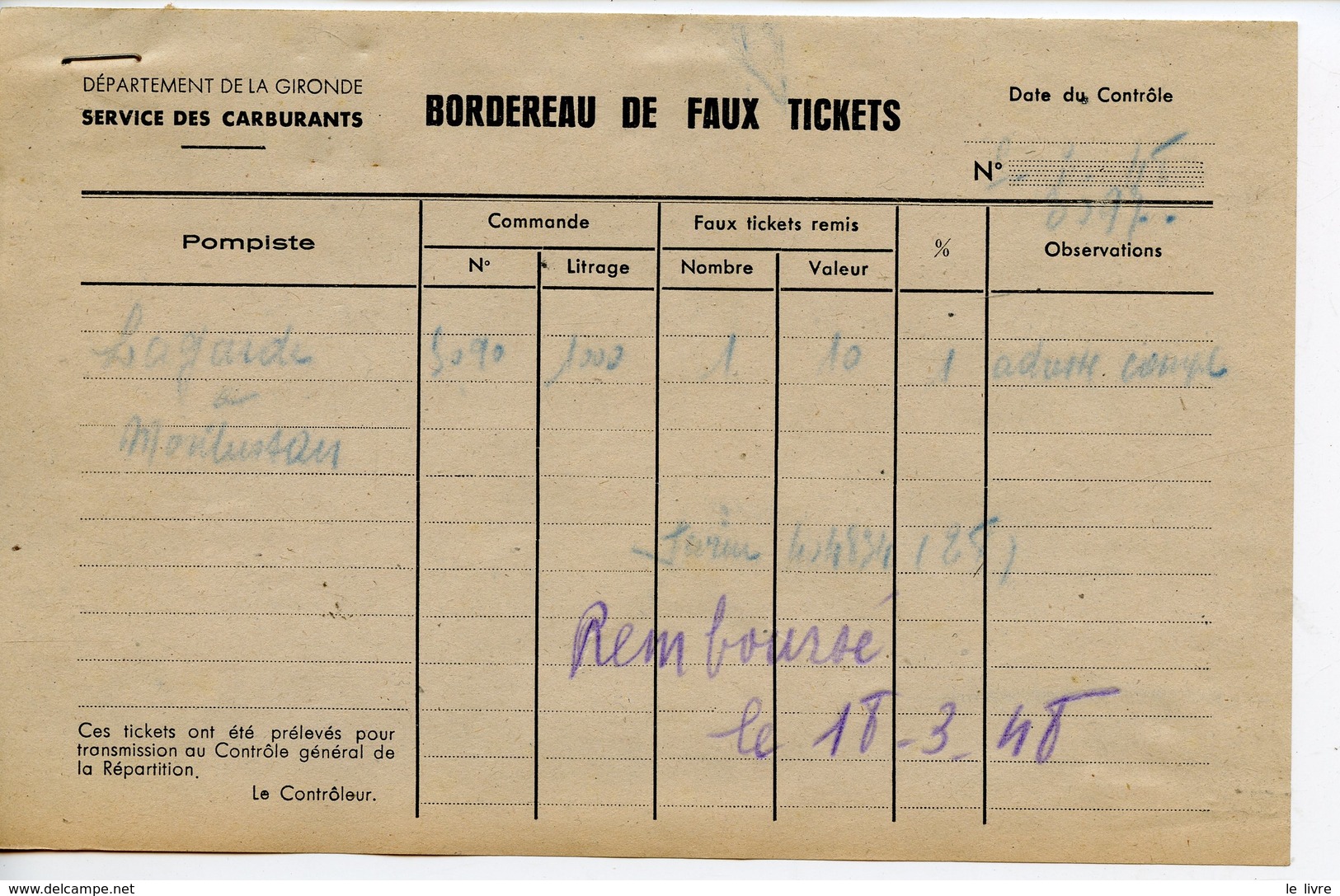 RATIONNEMENT BORDEREAU DE FAUX TICKETS DE CARBURANT AUTO GIRONDE MONTUSSAN 1948