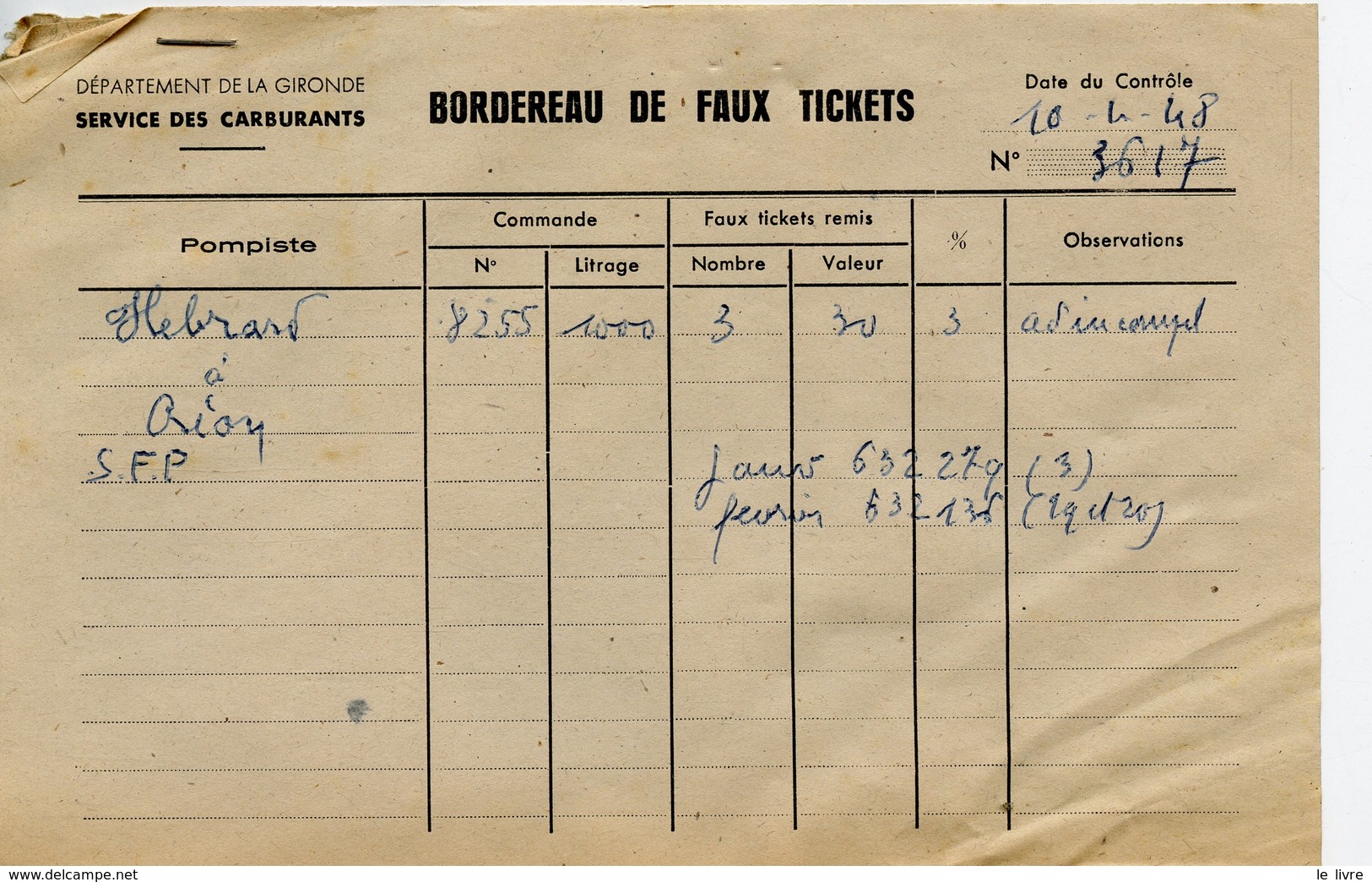 RATIONNEMENT BORDEREAU DE FAUX TICKETS DE CARBURANT AUTO GIRONDE CREON 1948