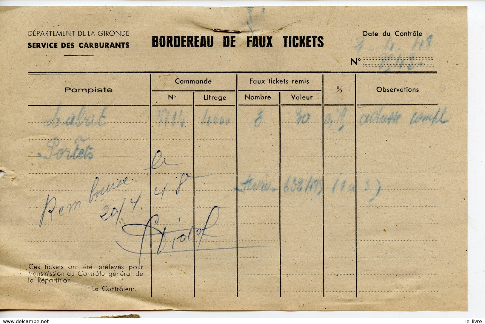 RATIONNEMENT BORDEREAU DE FAUX TICKETS DE CARBURANT AUTO GIRONDE PORTETS 1948