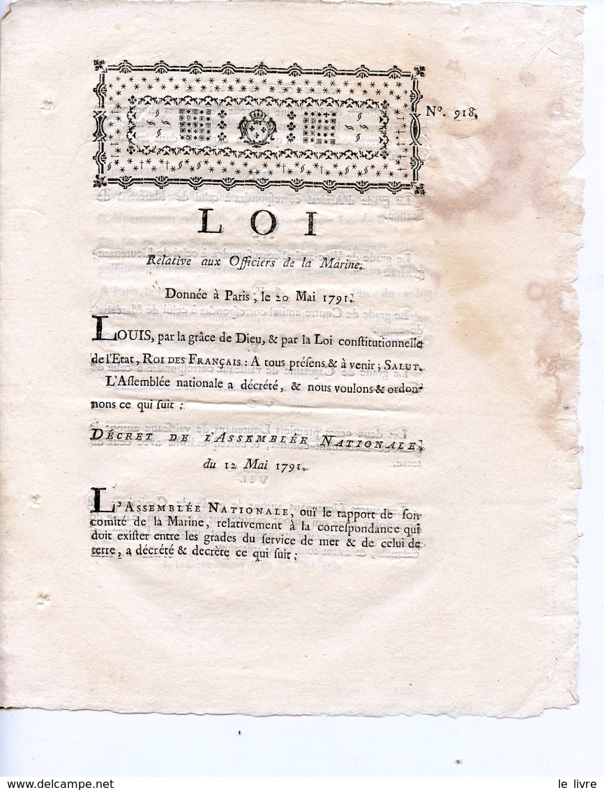 DECRET DE LA CONVENTION NATIONALE 1793 RELATIF A LA CORRESPONDANCE DES GRADES DES OFFICIERS DE LA MARINE