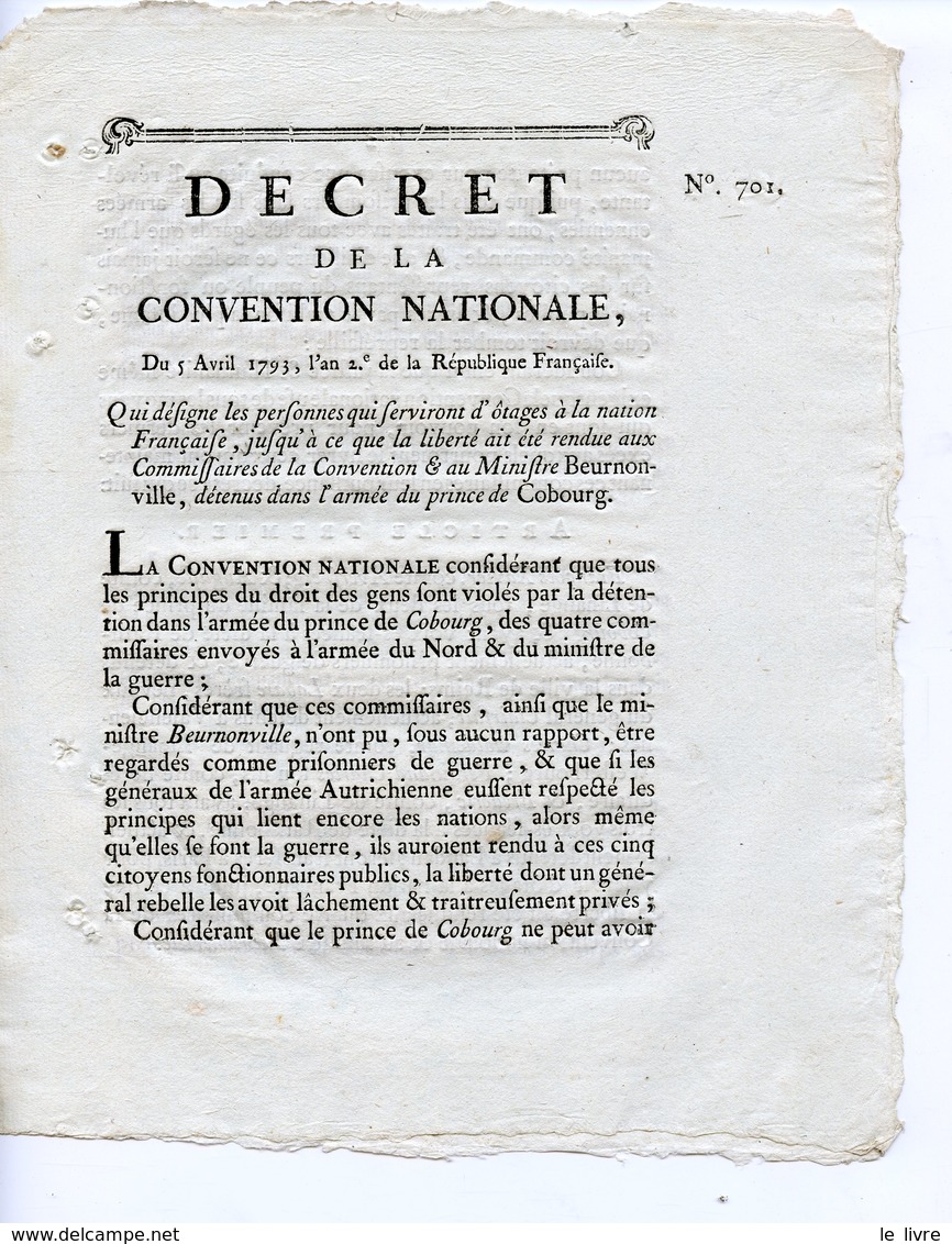 DECRET DE LA CONVENTION NATIONALE 1793 DESIGNATION OTAGES DE LA NATION JUSQU'A LIBERATION DU MINISTRE BEURNONVILLE
