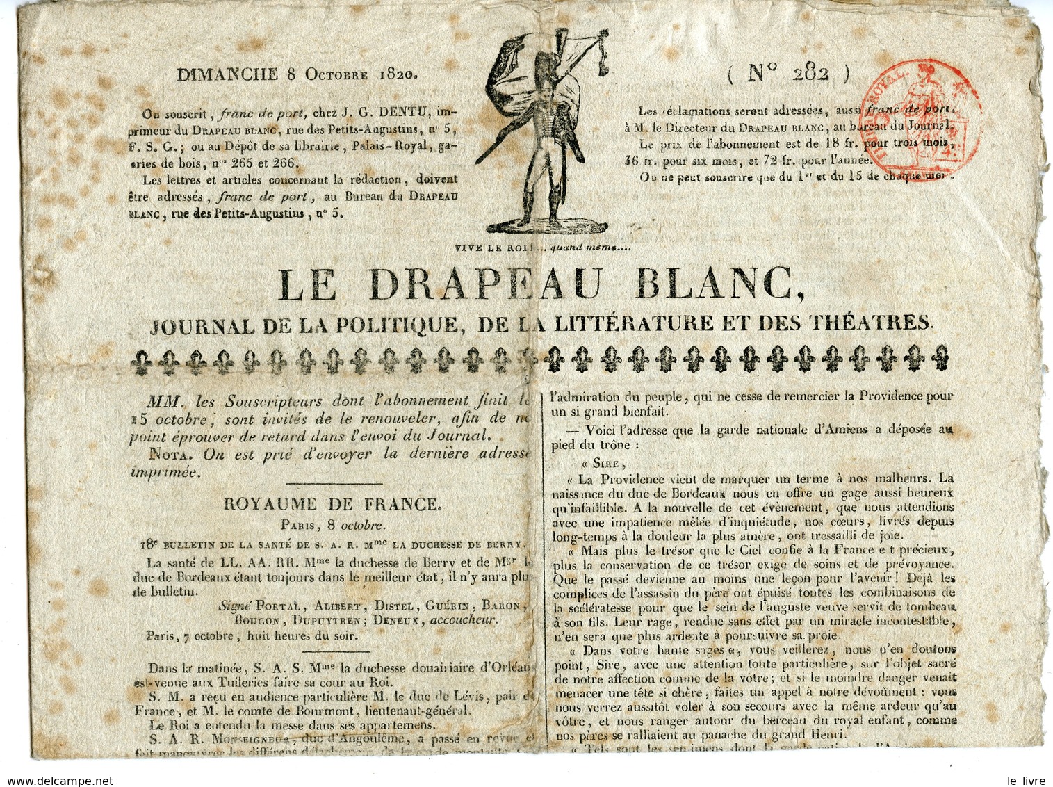 LE DRAPEAU BLANC 8 OCTOBRE 1820. JOURNAL POLITIQUE, DE LA LITTERATURE ET  DES
