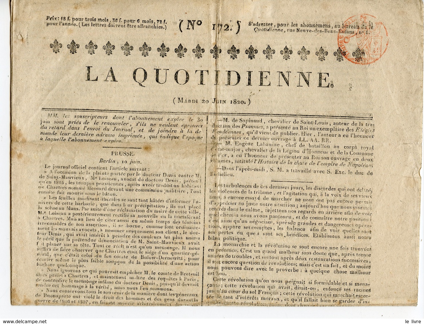 JOURNAL LA QUOTIDIENNE n172 - 20 JUIN 1820.