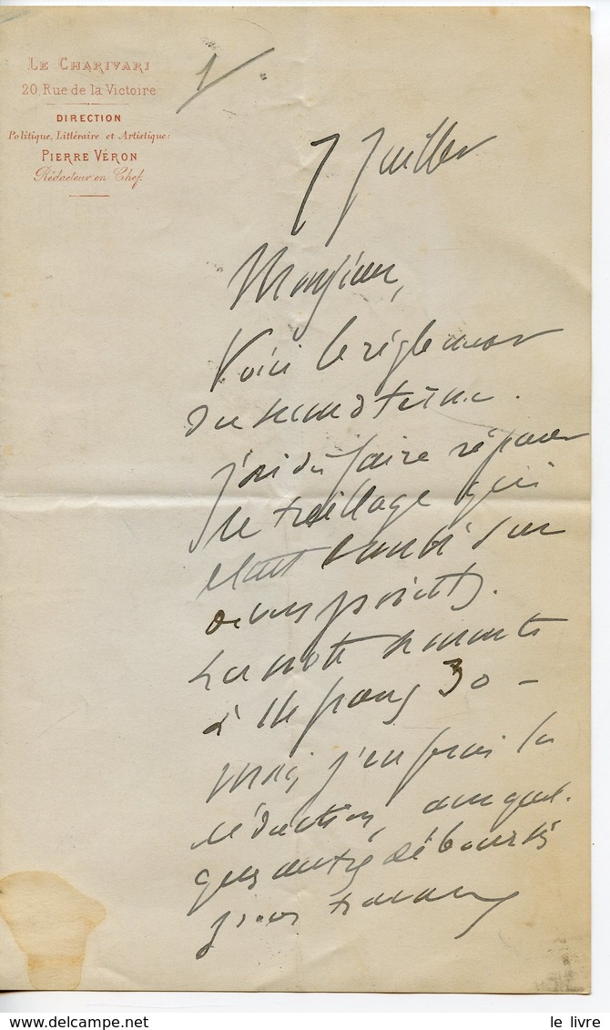 JOURNALISTE PIERRE VERON (PARIS 1831-1900). LAS EN-TETE DU CHARIVARI