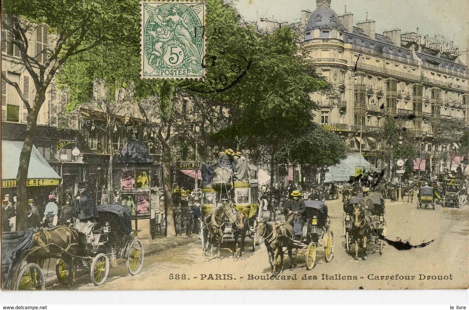 CPA COLORISEE 75 PARIS BOULEVARD DES ITALIENS. CARREFOUR DROUOT. 1907 NOMBREUX ATTELAGES DE CHEVAUX