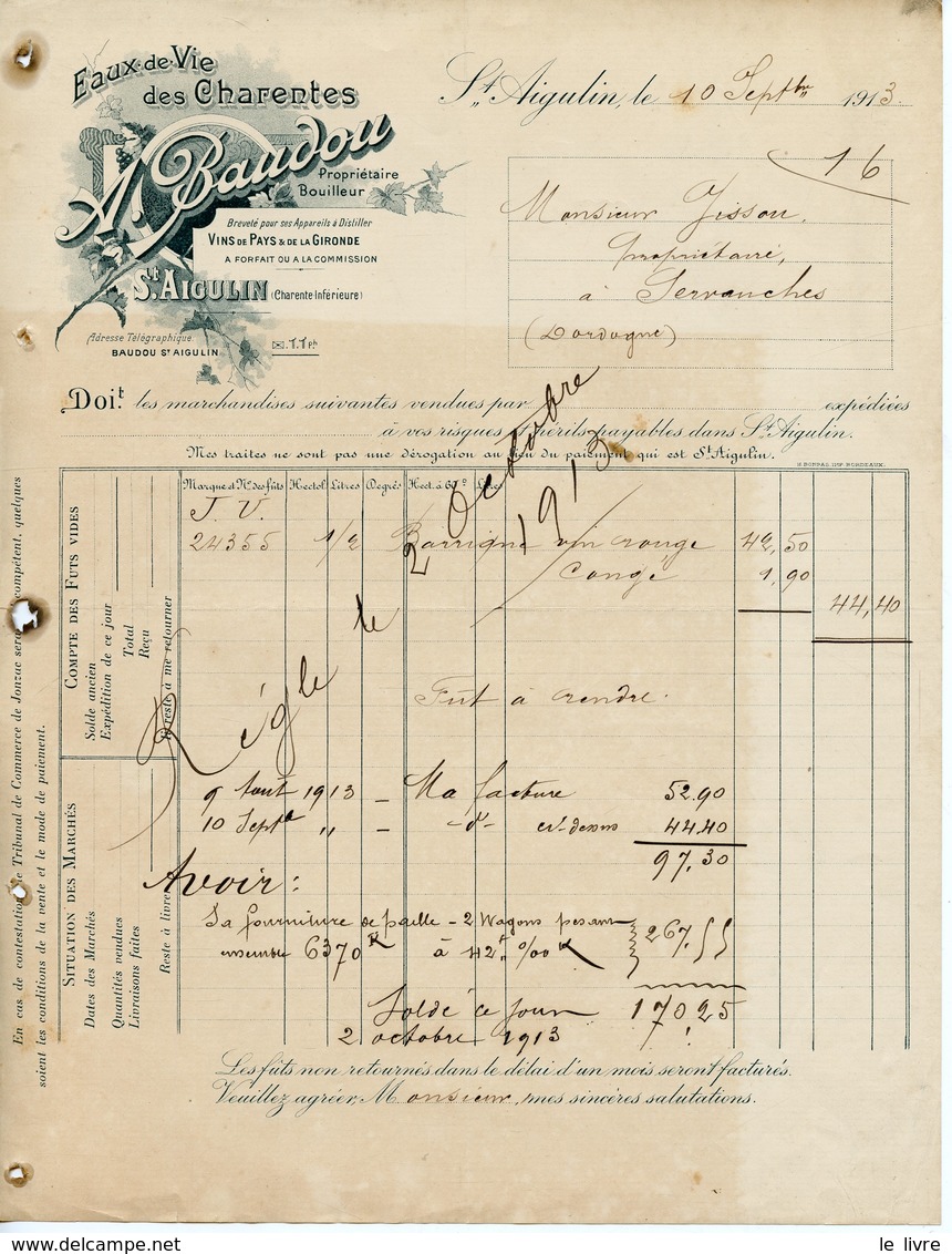 SAINT-AIGULIN 17 FACTURE BAUDOU EAUX DE VIE DES CHARENTES 1913