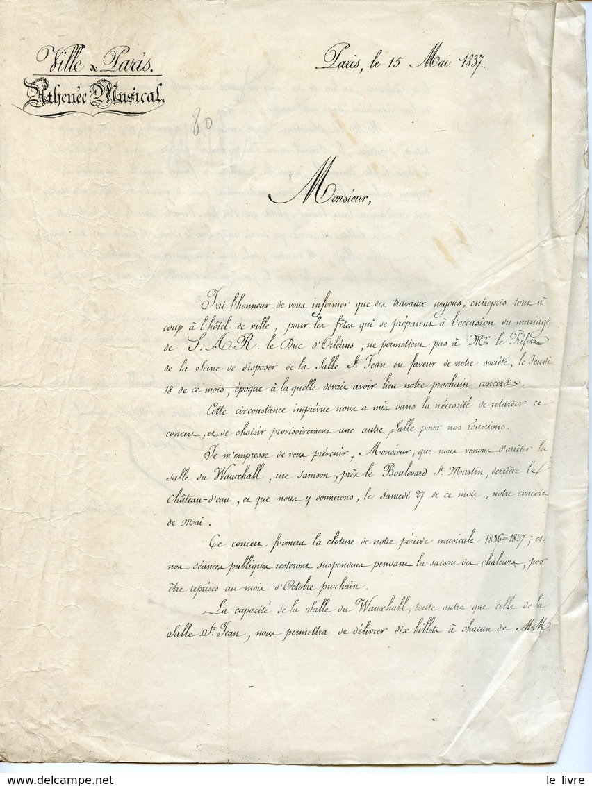 LETTRE EN-TETE ATHENEE MUSICAL 1837 SIGNEE DE LEON CHENEL. CACHETS LEVEE DE 10h ET PARIS DISTRIBUTION DE MIDI