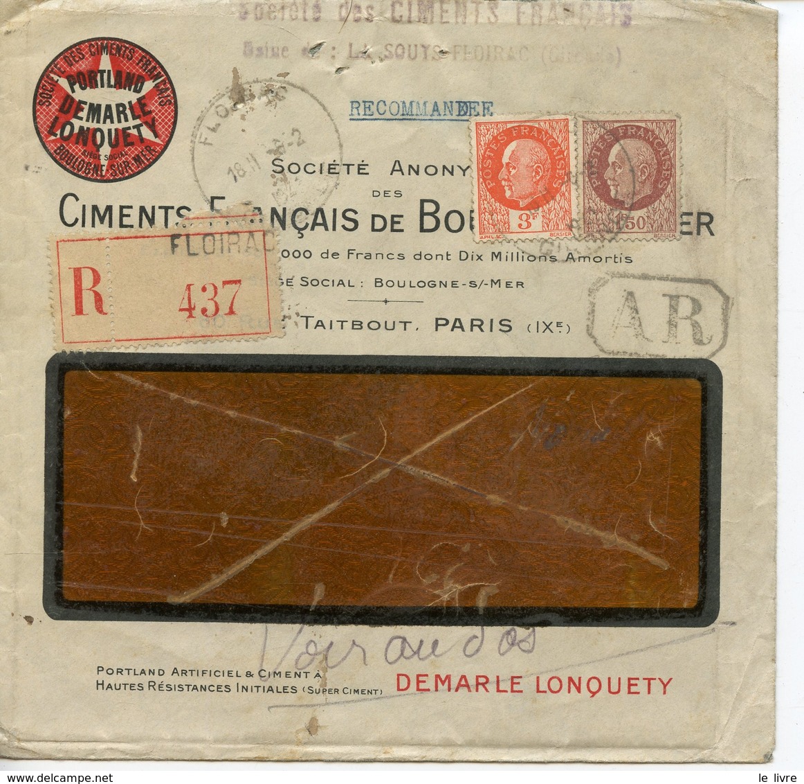 ENVELOPPE 1943 AVEC COURRIER COMMERCIAL. CIMENTS FRANCAIS DE