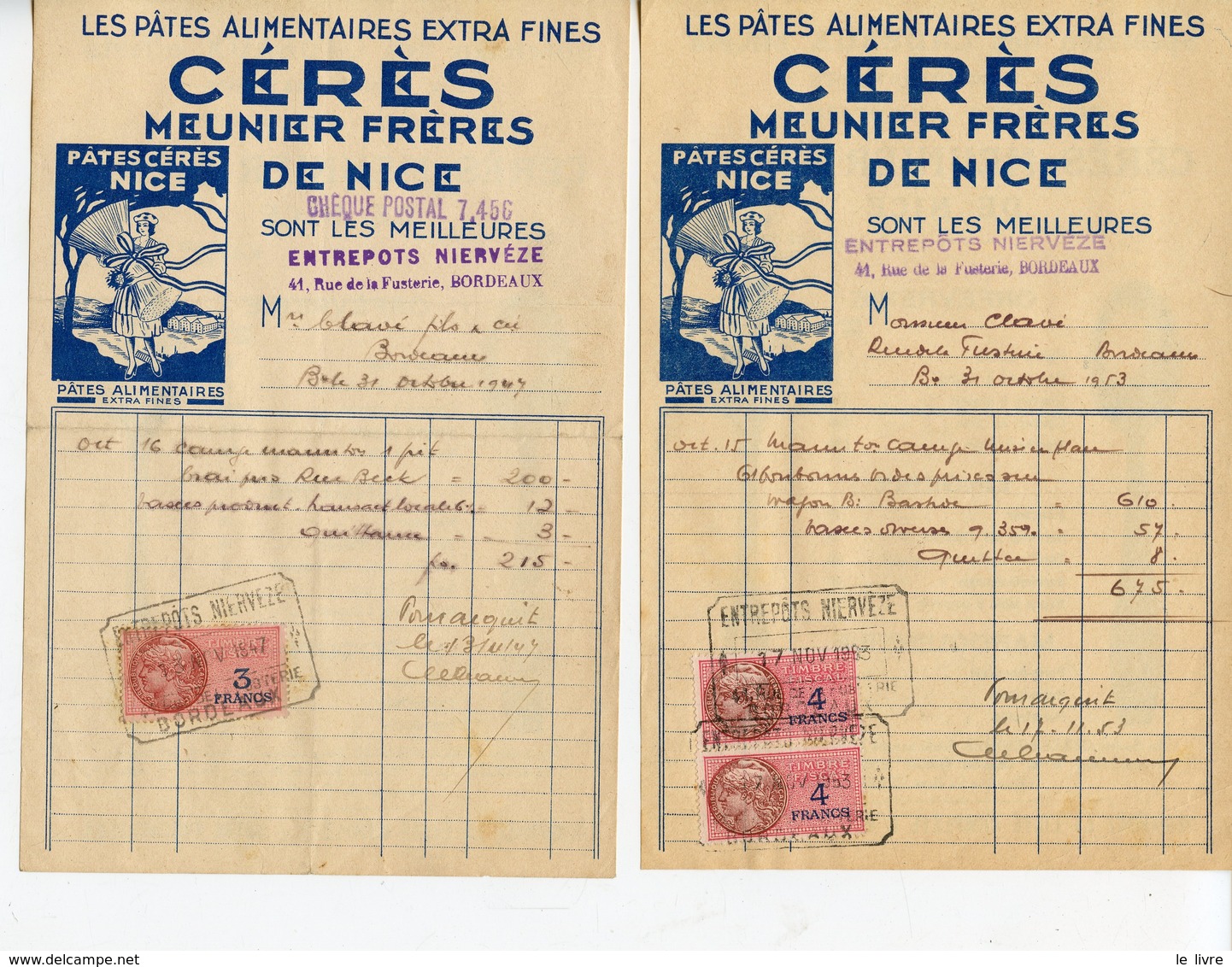 LOT 2 FACTURES ENTREPOTS NIERVEZE BORDEAUX AVEC PUBLICITE CERES MEUNIERS DE NICE 1947 1953