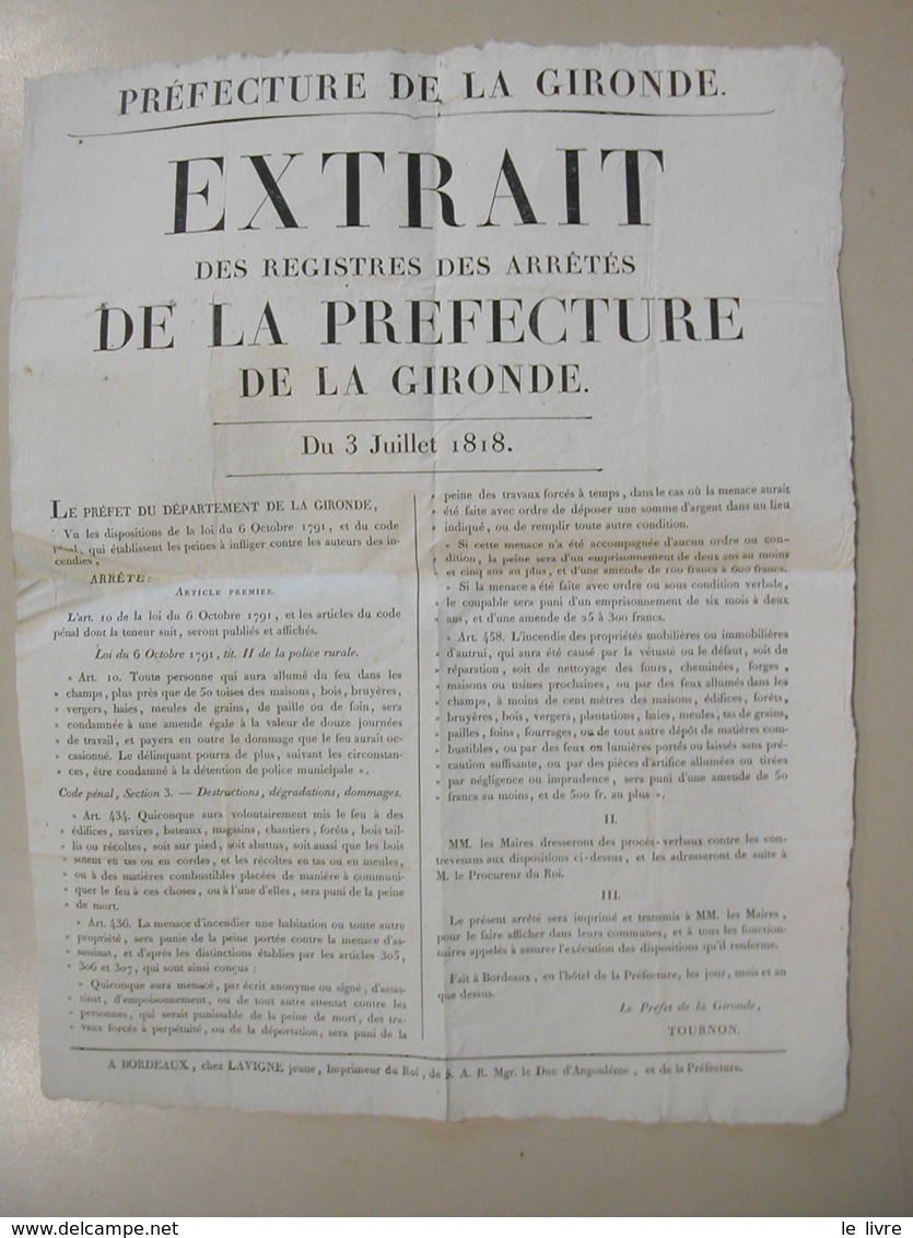 AFFICHE EXTRAIT ARRETES PREFECTURE DE GIRONDE 1818 SANCTIONS AUX RESPONSABLES D'INCENDIES