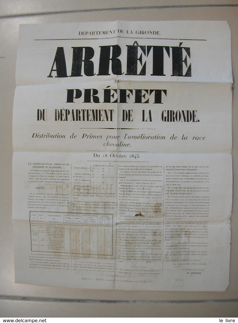 AFFICHE ARRETE PREFET DE GIRONDE 1843 PRIMES POUR AMELIORATION DE LA RACE CHEVALINE