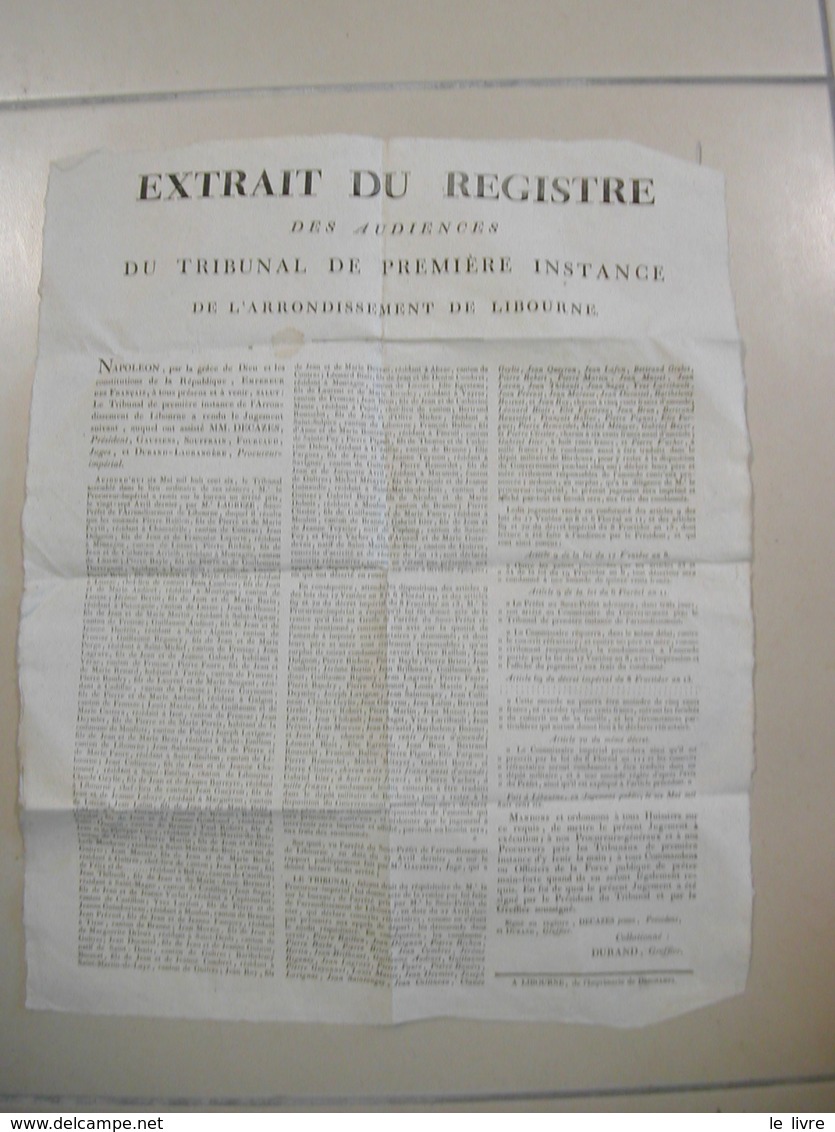 AFFICHE TRIBUNAL DE LIBOURNE GIRONDE 1806 PEINES PRONONCEES CONTRE DES DESERTEURS