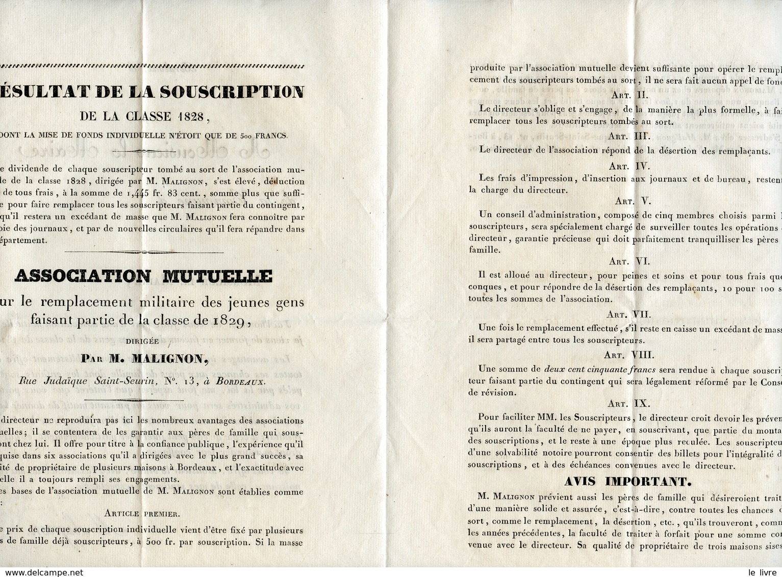 BORDEAUX 33 CIRCULAIRE PAR M. MALIGNON DE L'ASSOCIATION MUTUELLE POUR LE REMPLACEMENT DES JEUNES DE LA CLASSE 1829