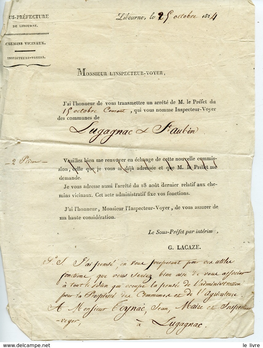 GIRONDE 33 NOMINATION D'UN INSPECTEUR-VOYER POUR LES COMMUNES DE LUGAIGNAC ET ST AUBIN 1824