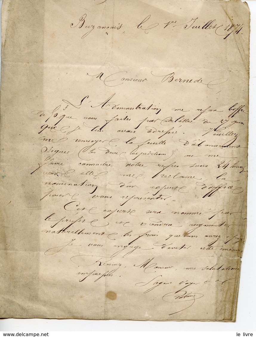 LETTRE 1874 DE BUZANCAIS A LIMOGES