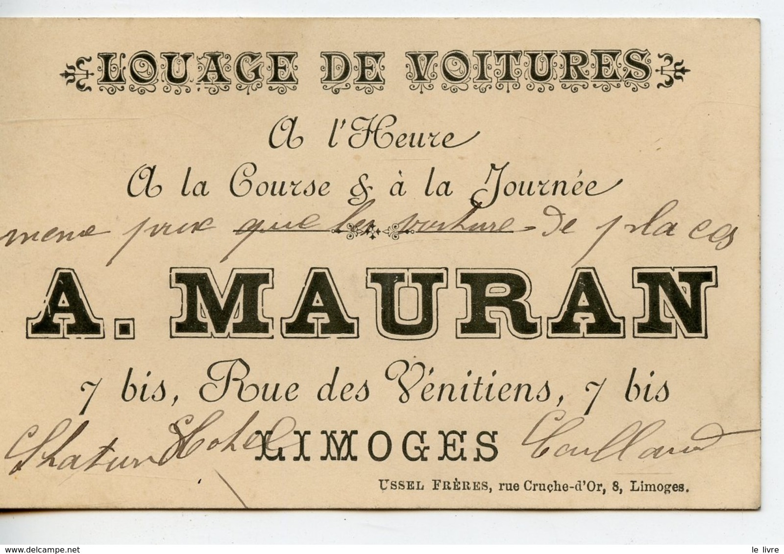 LIMOGES CARTE COMMERCIALE LOUAGE DE VOITURES A. MAURAN