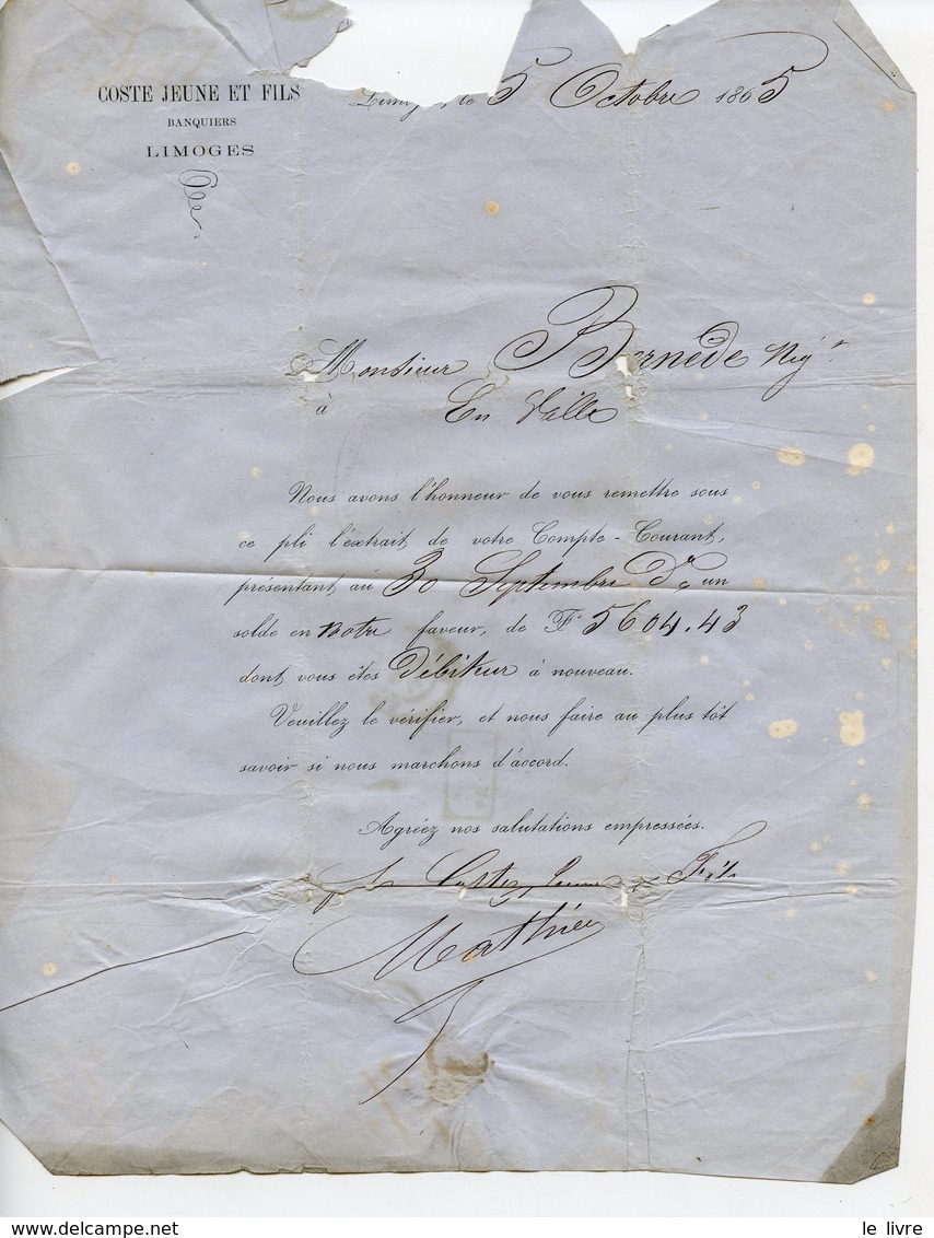 LETTRE COMMERCIALE BANQUIERS COSTE A LIMOGES 1865