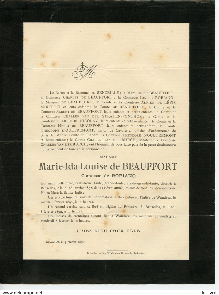 BRUXELLES FAIRE-PART DE DECES DE MARIS-IDA-LOUISE DE BEAUFFORT COMTESSE DE ROBIANO 1892
