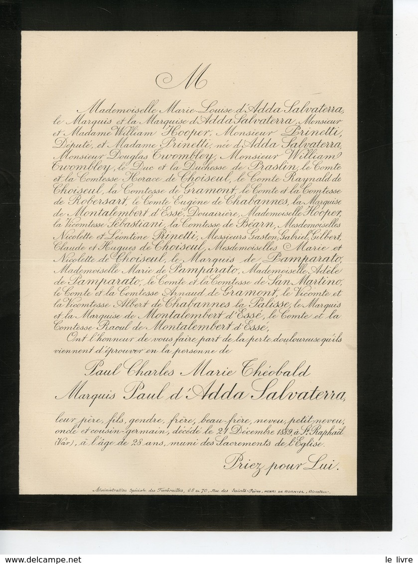 SAINT-RAPHAEL 83 FAIRE-PART DE DECES DE PAUL CHARLES MARIE THEOBALD MARQUIS PAUL D'ADDA SALVATERRA 1889