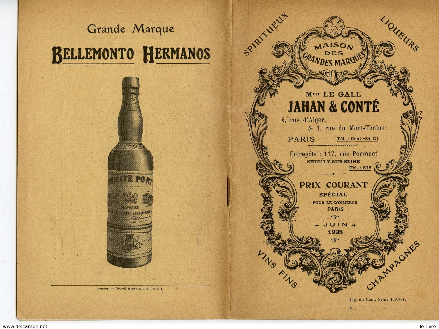 BROCHURE DE PRIX COURANTS MAISON VINS ET SPIRITUEUX JAHAN & CONTE A NEUILLY PARIS 1925