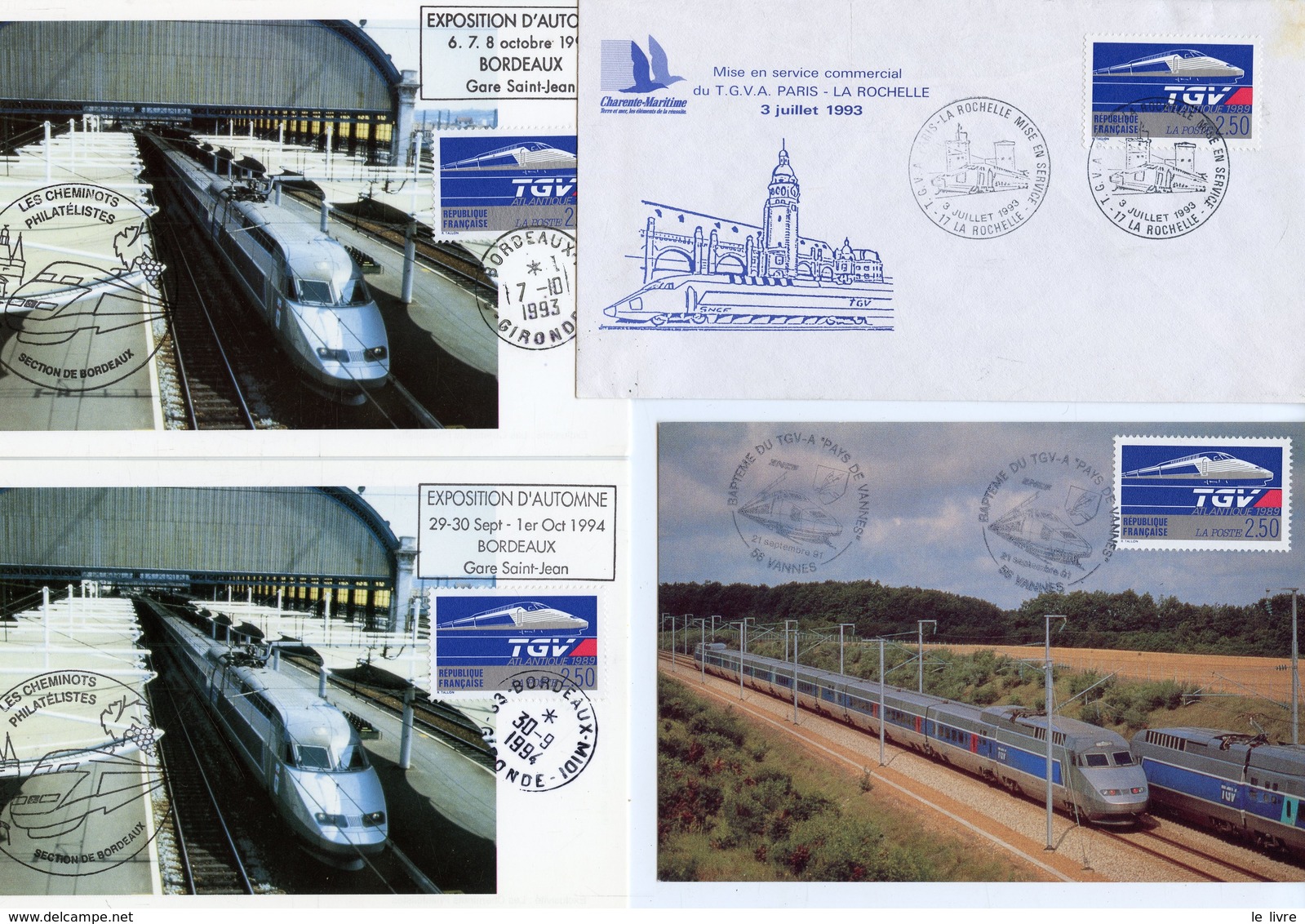 LOT DE 3 CARTES MAXIMUM ET UNE ENVELOPPE TGV 1991 VANNES 1993 LA ROCHELLE 1993/94 BORDEAUX