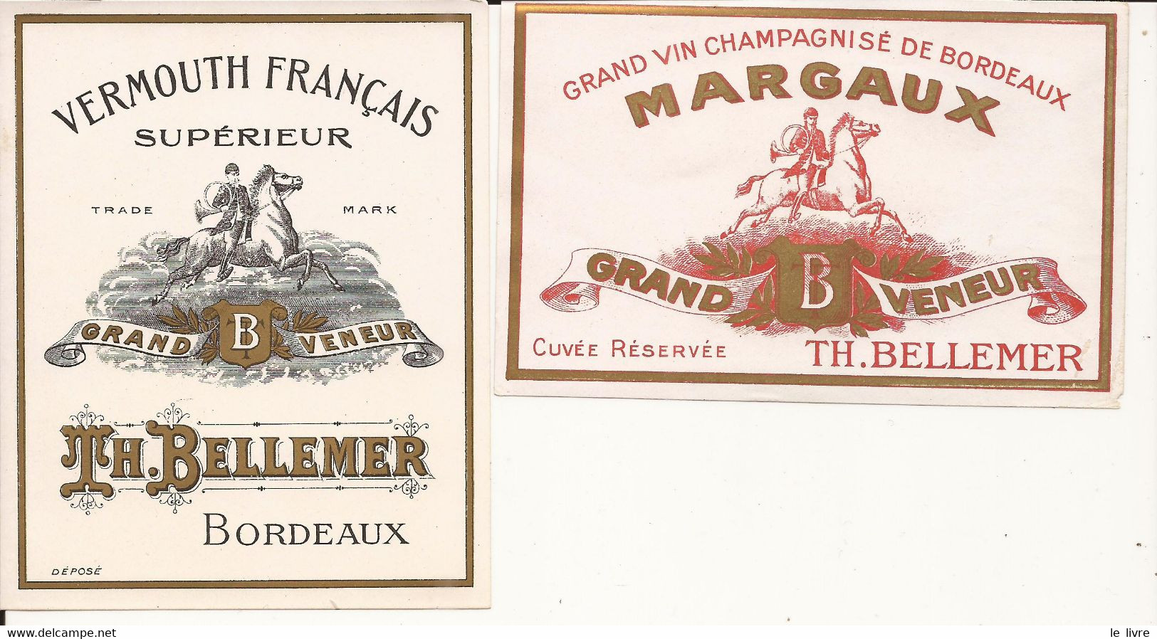 LOT DE 7 ETIQUETTES ANCIENNES TH. BELLEMER GRAND-VENEUR MARGAUX CHAMPAGNE VERMOUTH RHUM MARTINIQUE BORDEAUX