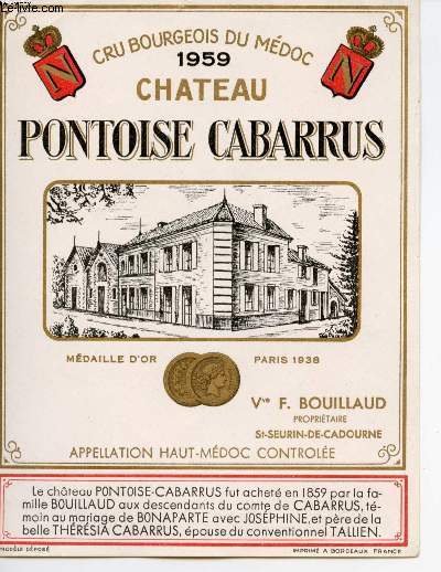 ETIQUETTE VIN DE BORDEAUX CHATEAU PONTOISE CABARRUS 1959 MEDOC