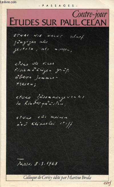 Contre-jour - Etudes sur Paul Celan - Colloque de Cerisy - Collection 