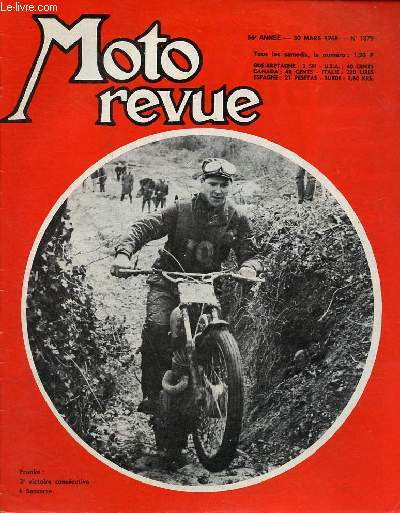 Moto revue n1879 30 mars 1968 - Visite chez Vespa : le Ciao - les nouveau Suzuki 50 et 70 cc - Gustav Franke, vainqueur  Sancerre - retour photographique sur la Cte Lapize - les nouvelles Motobi 125 cc et 250 cc - moto-cross : d'une semaine  l'autre..
