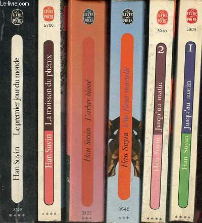 Lot de 6 livres de poche de Han Suyin : Jusqu'au matin tome 1 + tome 2 (2 volumes) + une fleur mortelle + l'arbre bless + la moisson du phnix + le premier jour du monde.