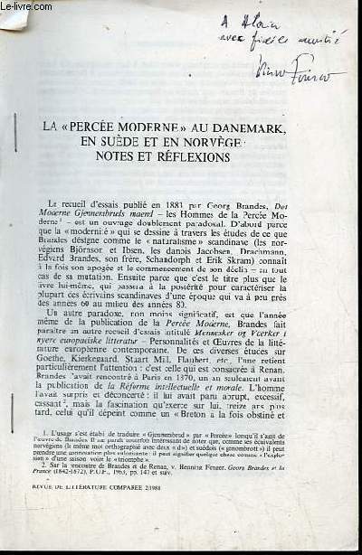 Tir  part de la revue de littrature compare n2 1988 - La perce moderne au Danemark, en Sude et en Norvge : notes et rflexions - ddicace de l'auteur.