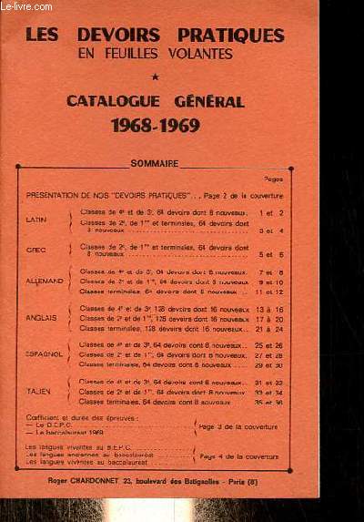 Les desvoirs pratiques en feuilles volantes - Catalogue gnral 1968-1969.