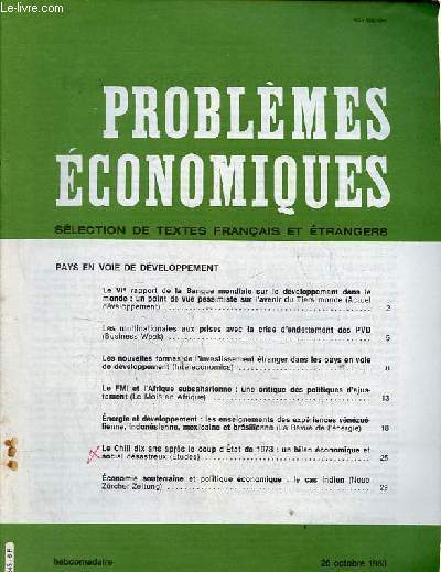 Problmes conomiques n1845 26 oct.1983 - Pays en voie de dveloppement - le VIe rapport de la banque mondiale sur le dveloppement dans le monde : un point de vue pessimiste sur l'avenir du tiers monde - les multinationales aux prises etc .