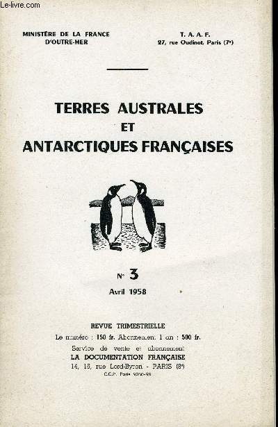 TAAF - TERRES AUSTRALES ET ANTARCTIQUES FRANCAISES - N° 3 - COLLECTIF - 1958 - Zdjęcie 1 z 1