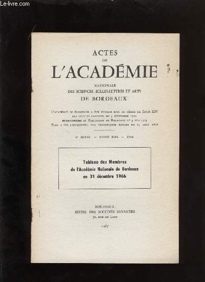 Actes de l'acadmie nationale des sciences, belles-lettres et arts de Bordeaux. Tableau des Membres de l'Acadmie Nationale de Bordeaux au 31 dcembre 1966.