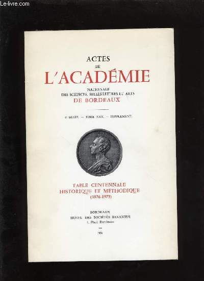 Actes de l'acadmie nationale des sciences, belles-lettres et arts de Bordeaux. Table centenale historique et mthodique - Supplment.