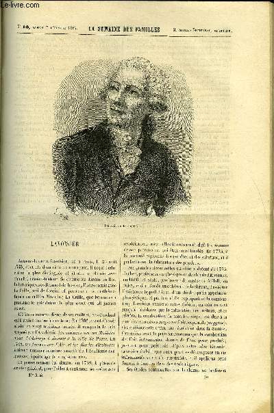 LA SEMAINE DES FAMILLES 10EME ANNEE N10 - LAVOISIER DE FELIX-HENRI, LES TROCS DU PAUVRE JEHAN DE A. LE PAS, LA CANNE A LA MAIN DE JEROME DUMOULIN, LA THEBES ANTIQUE DE RENE, CLAIRE DE FOURONNE DE ALFRED DE THEMAR