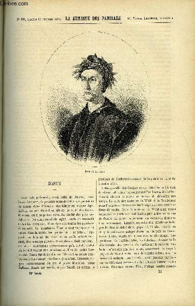 LA SEMAINE DES FAMILLES 12EME ANNEE N21 - DANTE DE MARC PESSONNEAUX, LA SOUPE AUX CAILLOUX DE JEROME DUMOULIN, ISABELLE DE FRANCE DE RENEE DE LA RICHARDAYS, MORT DE RICHARD COEUR-DE-LION DE C. LAWRENCE, LES DOUZE ENFANTS DE LA VEUVE VI DE H. AUDEVAL