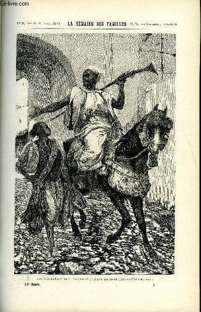 LA SEMAINE DES FAMILLES 14EME ANNEE N3 - EXPOSITION DES OEUVRES DE HENRI REGNAULT DE HIPPOLYTE AUDEVAL, AIGLE ET COLOMBE IV DE ZENAIDE FLEURIOT, LES HIRONDELLES DE R. SAINT-VICTOR, LA FORET-NOIRE DE ETIENNE MARCEL