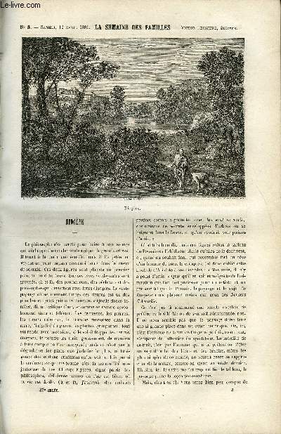 LA SEMAINE DES FAMILLES 23EME ANNEE N3 - DIOGENE DE DENYS, UN DRAME EN PROVINCE DE ETIENNE MARCEL, DANTE DE GUISTAVE CONTESTIN, SOLESMES ET SES ABBAYES DE OSCAR HAVARD, LA FONTAINE EN VOYAGE II DE CH. BARTHELEMY