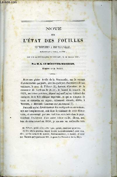 BULLETIN MONUMENTAL 3e SERIE TOME 8, 28e VOLUME N3 - NOTE SUR L'ETAT DES FOUILLES ENTREPRISES A BERTHOUVILLE PRES BERNAY EN 1861 PAR M. L. LE METAYER-MASSELIN, MELANGES D'ARCHEOLOGIE PAR L'ABBE NOGET, DE CAUMONT, PAUL SIMIAN, L'ABBE J-E. DECORDE