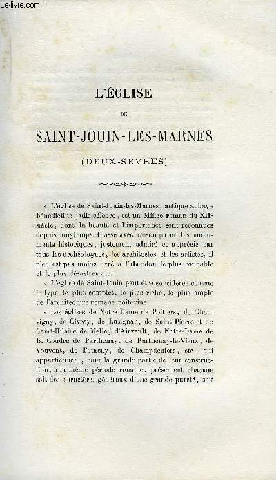 BULLETIN MONUMENTAL 6e SERIE, TOME PREMIER N3 - L'EGLISE DE SAINT-JOUIN-LES-MARNES (DEUX-SEVRES) PAR JOS. BERTHELE, INSCRIPTIONS ET DEVISES HORAIRES (SUITE) PAR LE BARON DE RIVIERES