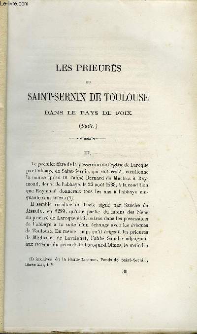 BULLETIN MONUMENTAL 6e SERIE, TOME DEUXIEME N5 - LES PRIEURES DE SAINT-SERNIN DE TOULOUSE III PAR J. DE LAHONDES, PROMENADE ARCHEOLOGIQUE DANS LE VAL D'ARAN IV PAR J. DE LAURIERE, RECUEIL DE PEINTURES ET SCULPTURES HERALDIQUES - CATHEDRALE DE TREGUIER